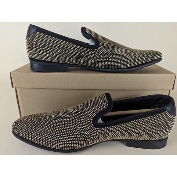 Steve Madden Mezmoryz Loafers Mens 8 Black Gold Studded Slip On Shoes NWB - Picture 1 of 13